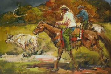 Cow Boys Roping Bovins Peinture à l'huile